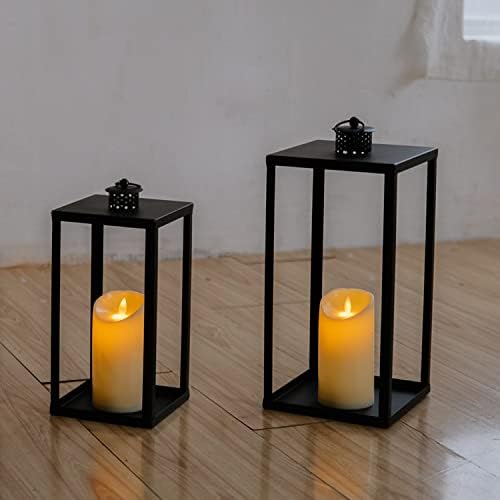 HPC Decor Black Metal Candle Lanterns Set of 2- Lanterns Decorative with Flickering Timer Candles- 16.5'' & 13'' Chunky Large Modern Farmhouse Candle Lanterns for Indoor, Outdoor, Tabletop (No Glass) - Image 3