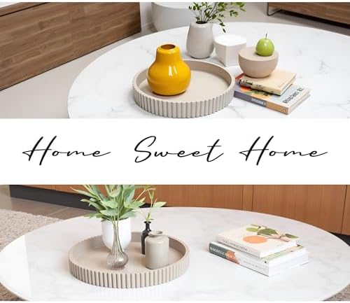 Modern Table Round Decorative Trays 2pcs Home Decor - Circle Coffee Table Centerpiece Set 12"/10" - Wooden Warm Grey Ottoman Tray with Fluted Edge - Image 4