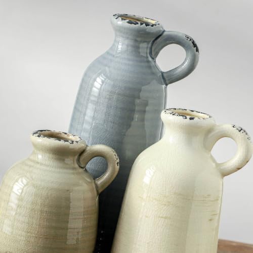 Ceramic Vases Set of 3, Neutral Rustic Farmhouse Vase with Handle, Decorative Flower Vases Home Decor Modern Boho Pampass Vase for Table Mantel Entryway Shelf Living Room Kitchen Bathroom - Ocean - Image 3