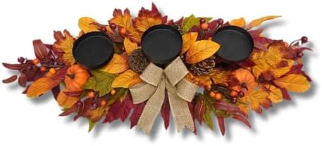 Svndlyn 26 Inch Fall Candle Holder Centerpiece with Pumpkins and Burlap Bow - Image 3