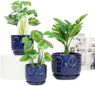 Ceramic Flower Pots, Ceramic Planters with Drainage Hole and Saucer, Modern Round Indoor Succulent Planters with Owl Design, Small to Medium-Sized, Set of 3, Navy Blue - Image 2