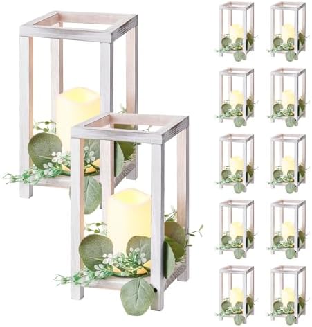 VEVOR 12 Set/36 Pcs Wooden Wedding Lantern Centerpiece, Includes 12 Wooden Lantern Candle Holder 12 Flameless LED Candle 12 Eucalyptus Leaves Wreath for Wedding Table Party Farmhouse Decor, White by VEVOR