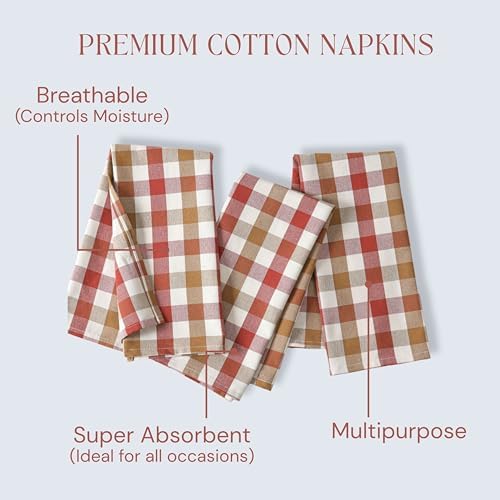 Gingham Check Cloth Napkins 12 Pack, 18x18 Inches, 100% Cotton, Washable Table Napkins for Formal and Casual Dining, Reusable Fabric Linens for Weddings, Parties, Holiday - Rust, Tan - Image 5