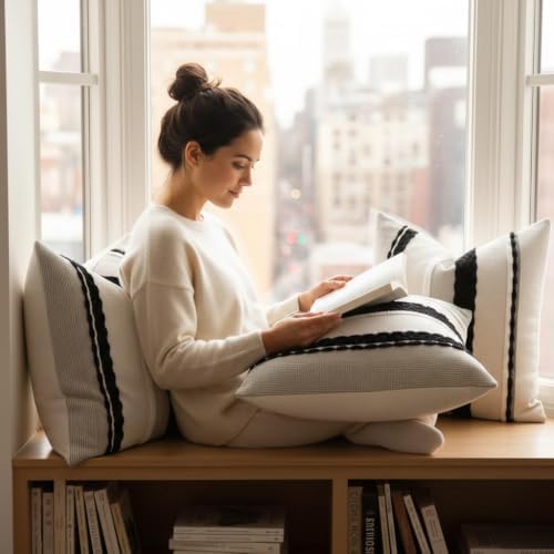 18x18 Pillow Cover Set of 2 Boho Farmhouse Decor Black and White - Image 6