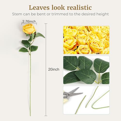 Auihiay 60PCS Yellow Roses Bulk, Yellow Velvet Silk Fake Roses - Image 2
