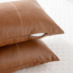 Fancy Homi Brown Boho Long Lumbar Faux Leather Body Decorative Throw Pillow Cover 21x54 Inch for Bedroom Couch Bed Sofa Bench, Hand Stitched Stylish Pillowcase, Rustic Modern Farmhouse Room Decor - Image 3