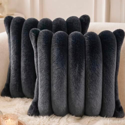 Faux Fur Decorative Throw Pillow Covers 20x20 Set of 2, Black by Symplora