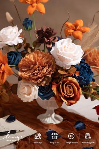 Ling's moment Fake Flowers Box, Faux Artificial Greenery Stems Foam Roses Gardenia Peony Silk Eucalyptus Pampas Fabic Flower for Centerpieces Bouquet Wedding Vase, Orange & Navy, Deluxe Combo - Image 3