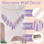 Pink & Purple Macrame Hanging Boho Wall décor, Purple Wall Decor for Bedroom Living Room Girls Room Nursery Large Tassel Hanging with Wood Beads 41" W x 32" H - Image 4