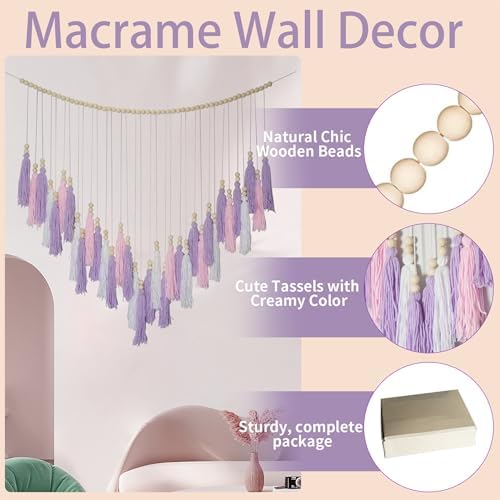 Pink & Purple Macrame Hanging Boho Wall décor, Purple Wall Decor for Bedroom Living Room Girls Room Nursery Large Tassel Hanging with Wood Beads 41" W x 32" H - Image 4