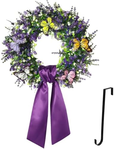 13in Wildflower Wreath, Purple Ribbon & Hanging Hook, Farmhouse Door Decor by Unknown