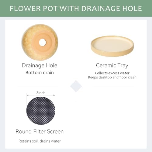 10.3 Inch Ceramic Glaze Plant Pot with Saucer, Flower Pots with Drainage Hole Mesh Net (Brown-Yellow) - Image 3