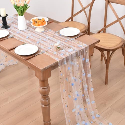 Blue Wildflowers Table Runner Gauze Floral Birthday Party Home Table Decor - Image 6