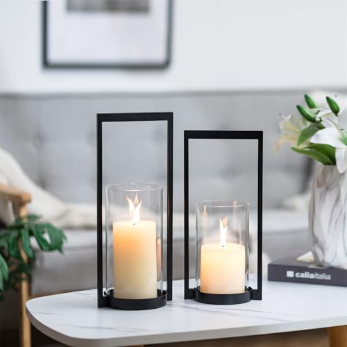 Sziqiqi Hurricane Candle Holder for Pillar: Black Modern Candle Holders for Table Centerpiece - Geometric Candle Stand Set of 2 with Glass for Living Room Fireplace Christmas Decor (Pack of 2) - Image 3