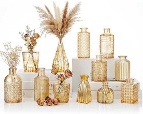 12 Pcs Clear Bud Vases Set, Small Vintage Glass Clear Bud Flower Vases Bulk Multiple Shape Cute Mini Glass Bottles Vases for Rustic Wedding Centerpieces Table Decorations and Home Decor (12, Gold) by Unknown