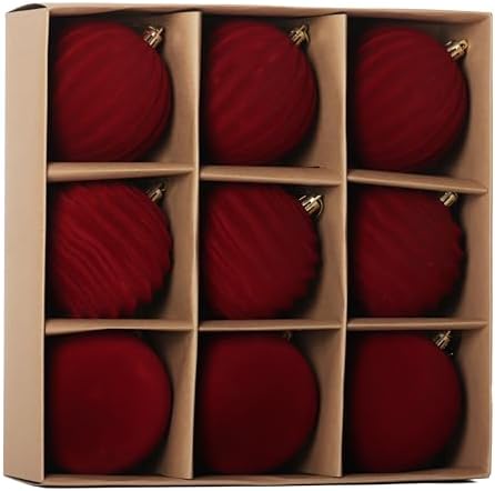 4In Red Velvet Christmas Ornaments Set,9pcs Burgundy Flocked Ornaments Ball by Senjie