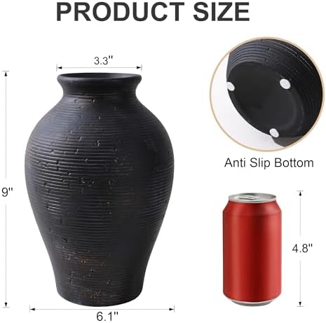 Ceramic Flower Vase Home Decor, 9 in Farmhouse Table Vases Rustic Vintage Living Room Kitchen Bedroom Pottery Decorative Vases for Flowers House Shelf Office Coffee Desk Dining Entryway, Black Gold - Image 6