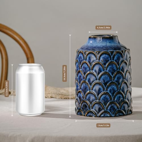 Ceramic Flower Vase, 7.28” Vintage Blue Pottery Vase for Home Decor, Rustic Textured Vase for Pampas Grass, Living Room, Entryway, Mantel, Kitchen Table, Centerpiece - Image 3