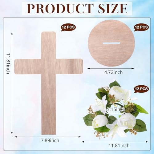 12 Sets Baptism Centerpieces Table Decorations First Communion Wooden Cross Ornament Set with Lily Candle Ring Wreath Purple Ribbon with Stands for Baptism Baby Shower Wedding (Wood) - Image 2
