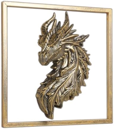 Gold Dragon Head Wall Decor with Metal Frame, Resin Fantasy Dragon Wall Hanging Sculpture, Retro Mythical Animal Head Wall Art Ornament, Luxury Wall Decoration for Living Room Bedroom Office Home by Newinhome