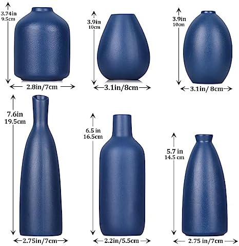 Blue Ceramic Vase - Set of 6 Blue Bud Vases, Modern Farmhouse Navy Blue Decorative Vases for Home, Office, Living Room, Table Decor - Ideal Centerpieces for Flowers, Shelf and Fireplace Accents - Image 2