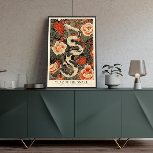 Chinese Lunar Year Of The Snake Art Print – Mysterious & Sophisticated Zodiac Wall Decor with Peony Floral Pattern for Home Office and Apartment 8X12 in Black Framed - Image 4