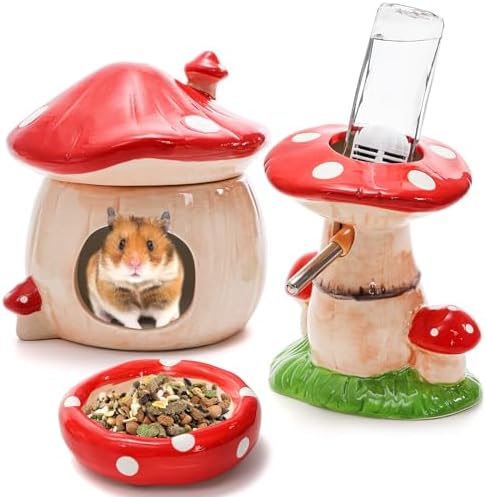 Hacaroa 3 Pack Ceramic Hamster Hideout, Mushroom Shape Guinea Pig Food Bowl Cute Water Bottle with Stand, Cool Hamster Bed House Small Animal Cage Accessories for Dwarf Hamsters, Mice, Gerbils by Hacaroa