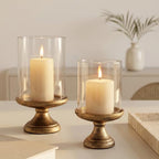 Hurricane Candle Holder with Glass Cylinder Antique Brass Iron Base by SHOHAYTO