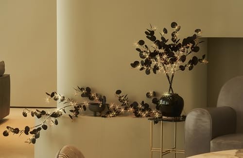 LITBLOOM Halloween Garland with Lights 6FT Battery Operated with Timer, Lighted Black Eucalyptus Garland with 96 Orange and Warm White Lights 10 Functions for Fireplace Table Fall Halloween Decoration - Image 5