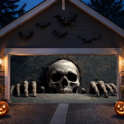 Halloween Garage Door Banner 157.5x70.9in 2D Skull Breaking Wall Horror Theme Outdoor Garage Decoration with Reinforced Grommets & Rope for Yard Porch Haunted House Decor - Image 2