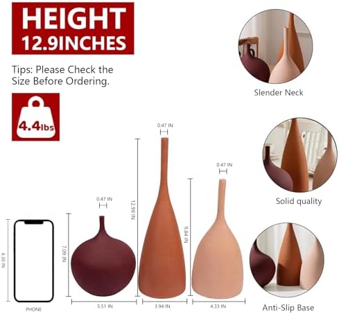 Relexome Ceramic Vase Set of 3 Neutral Vases Home Decor Modern Minimalist Decorative Vase Matte Ribbed Vases for Centerpieces Living Room Shelf Entryway Table Decor Brown - Image 2