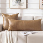 Fancy Homi Light Brown Boho Long Lumbar Faux Leather Decorative Throw Pillow Covers 14x36 Inch for Living Room Couch Bed Sofa, Hand Stitched Rectangle Cushion Case, Rustic Modern Farmhouse Home Decor - Image 6