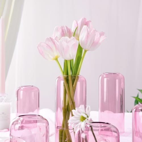 ZENS Bud Vases Set of 6, Pink Clear Small Glass Vase for Flowers. Modern Hand Blown Cylinder Glass Vase for Wedding Reception Centerpieces Living Room Decorative. - Image 3