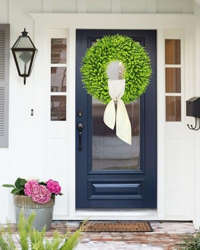 DDHS 28 inch Boxwood Wreath, Artificial Large Spring Wreaths for Front Door with Yellow Sash can DIY Shaped, Summer Wreaths for Hanging in the Shop, Farmhouse, Roof Green Everyday Wreath Home Decor - Image 5