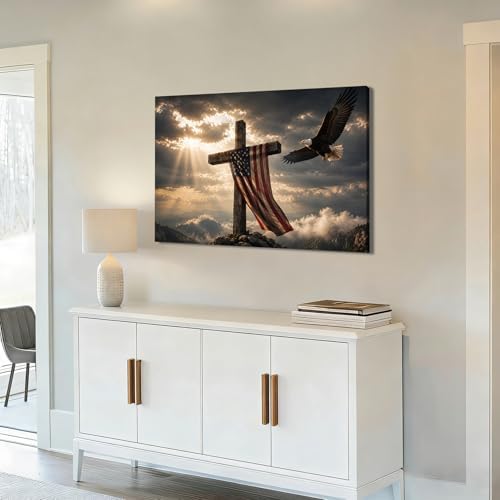 Ship Next Day - USA Flag and Cross Canvas Wall Decor, Framed Patriotic Eagle Painting, Christian Inspirational Artwork for Home, Office, Rustic Americana Wall Hanging, Made in USA - Image 3