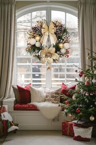 24" Champagne Christmas Wreaths for Front Door with Magnolia Fake Pearl - Image 5