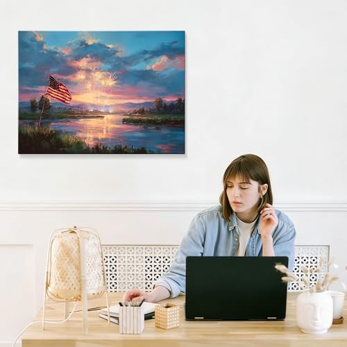 July 4th Patriotic Canvas Wall Art 4th of July USA Decorations Sunset Lake and American Flag with Fireworks Print Independence Day Home Decor 20x24in - Image 7