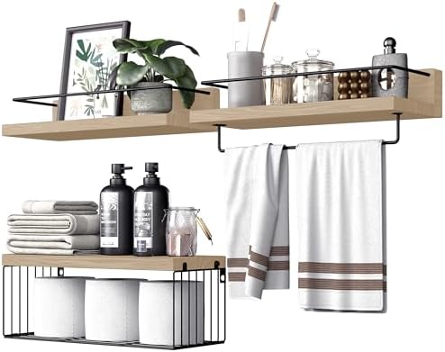 PopiShelves Bathroom Shelves Over Toilet for Wall, Floating Shelves with Storage Basket Paper Holer for Kitchen Living Room, Bedroom & Classroom, Set of 3 (Nature Wood) by Unknown