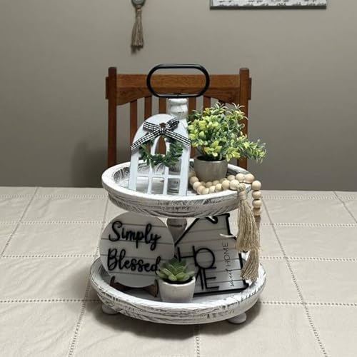 Houmury Rustic Farmhouse Tiered Tray Set with Succulent & Plant - Home Decor for Kitchens (Set of 8 Without Trays) - Image 6