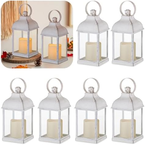 White Small Lanterns with LED Candles, Set of 6 Wedding Decor by Staymoment
