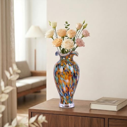 12in Tall Hand Blown Glass Vase Unique Ruffle Wide Mouth Vases, Elegant Modern Glass Flower Decorations Vase, Beautiful Colorful Vases for Home Living Room Bookshelves Wedding High End Centerpieces - Image 5