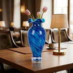 12in Tall Hand Blown Glass Vase Unique Ruffle Wide Mouth Vases, Elegant Modern Glass Flower Decorations Vase, Beautiful Colorful Vases for Home Living Room Bookshelves Wedding High End Centerpieces - Image 5