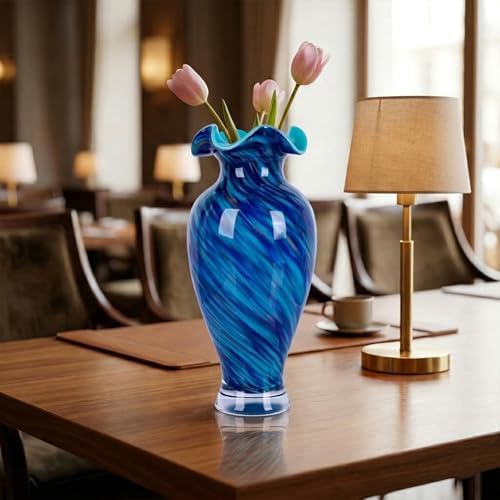 12in Tall Hand Blown Glass Vase Unique Ruffle Wide Mouth Vases, Elegant Modern Glass Flower Decorations Vase, Beautiful Colorful Vases for Home Living Room Bookshelves Wedding High End Centerpieces - Image 5