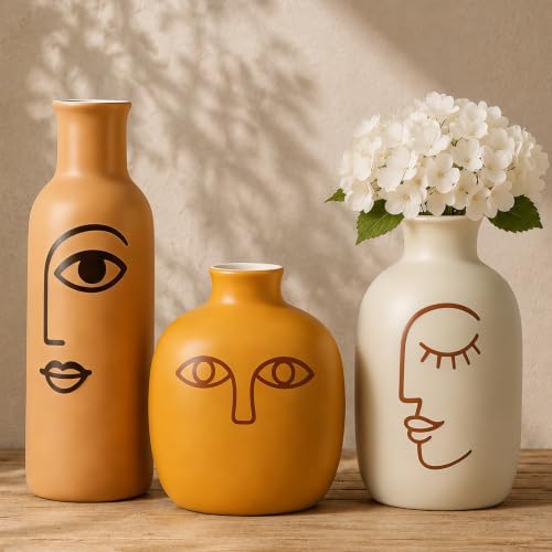 TBWIND Abstract Face Ceramic Vases Set of 3, Modern Boho Flower Vase by TBWIND