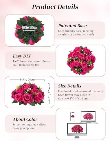BLOSMON Hot Pink Flowers for Wedding: 10 Pcs Fakel Rose Balls for Table - Image 6