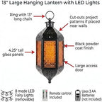 Vela Lanterns Hanging Moroccan Lantern with LED Twinkle Fairy Lights - Exotic Decorative Patio & Porch Decor, Indoor Outdoor Candle Lamp Holder with Chain (13" Large, Amber Glass) - Image 6