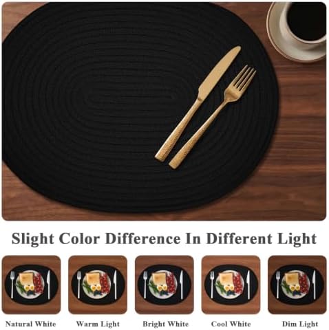 Oval Woven Cotton Placemats Set of 6, Thick Braided Rope Table Mats, 17 x 13 Inches Large Non Slip Heat Resistant Place Mats for Dining Table, Farmhouse Boho Hot Pads for Kitchen Decor (6, Black) - Image 4