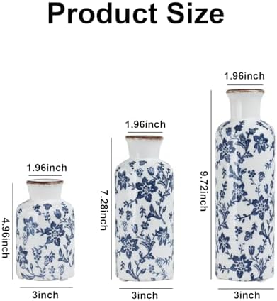 Blue and White Ceramic Vase Set of 3, Vintage Floral Vases for Home Decor - Image 2