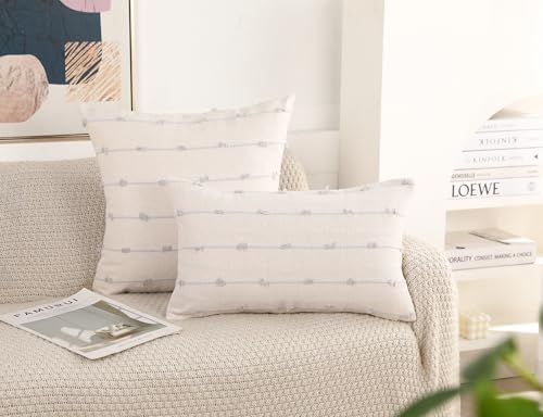 NUYECY Set of 2 Boho Throw Pillow Covers 22x22,Stone Grey and White Neutral Couch Pillow Case with Tassel Fringe Decorative,Modern Accent Farmhouse Cushion Covers for Sofa Couch Bed Living Room - Image 2