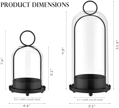 Candle Holder Lanterns, Handcrafted Metal & Glass with Modern Aesthetic Design, Hurricane Pillar Candlestick Holders, Table or Hanging Decorations Set of 2, 5.1" & 4.4" Diameter, Black - Image 3